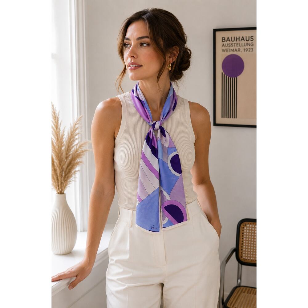 Vera Neumann Silk Long Scarf Mod Geometric Purple Silk Vintage 60s